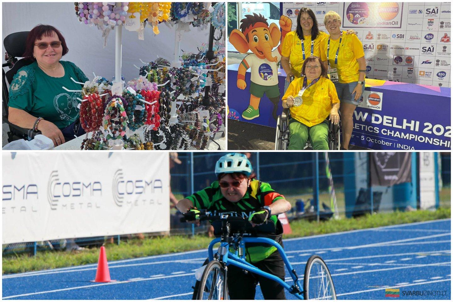 Neįgaliųjų triračių sporto vicečempionė, 58-erių vilnietė Bela Morkus, sako, kad apyrankių kūrimas padeda atsilaikyti emociškai ir nepalūžti kasdienybėje. <br />Lryto koliažas.” itemprop=”thumbnail” class=”max-w-full block h-auto”><span class=