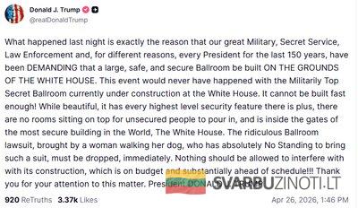 Donaldo Trumpo įrašas „Truth Social“.